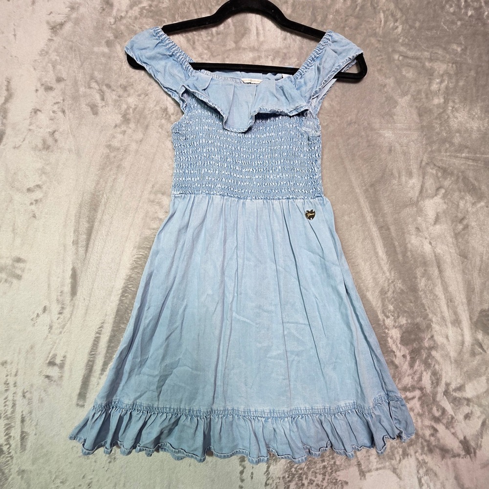 Guess Kids Girls Blue Smocked Ruffle Off Shoulder Lyocell Denim Dress Size 10